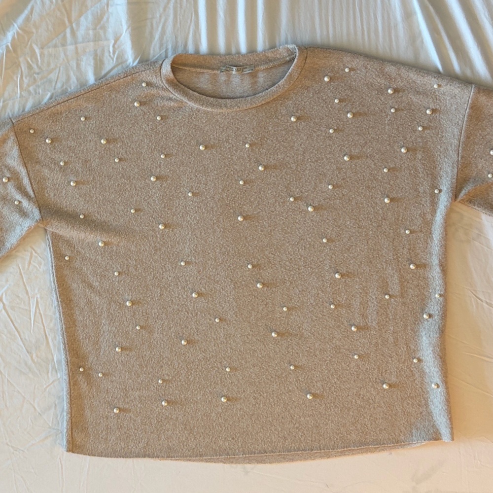 ZARA Pearl Embellished Sweater Beige Knit Crewneck Small